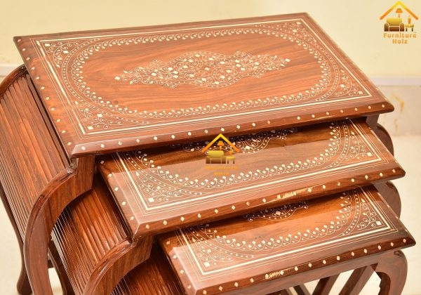 Plastic, Wooden & Copper Inlay Work 3 Table Set