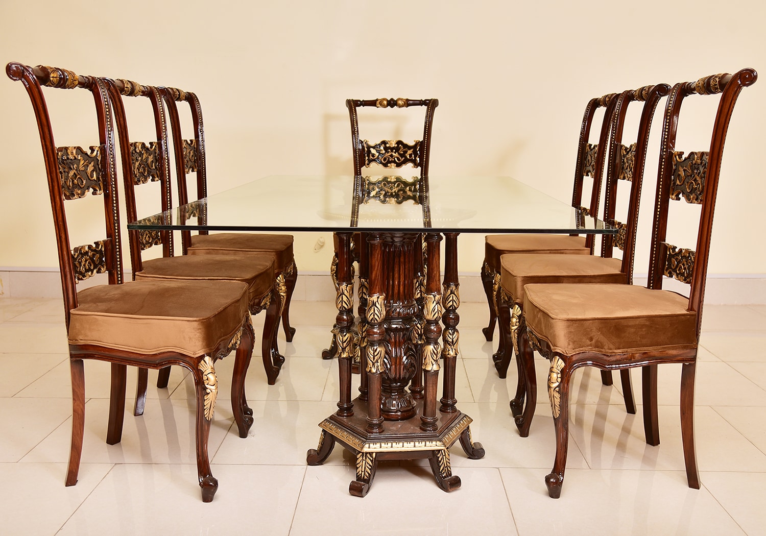 Sissoo Wood Glass Top Fancy Dining Table